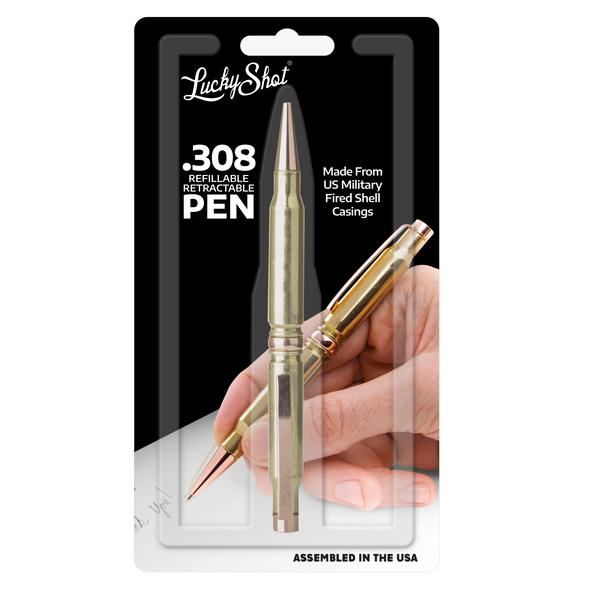 .308 Retractable Twist Pen in Polished Brass Blister Pack Packaging