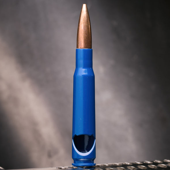50 Caliber Bullet Bottle Opener in Blue - Blister Pack Packaging - 2 Monkey Trading LLC