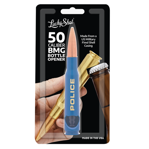 .50 Caliber Bullet Bottle Opener Spirit Series - Police Blue Blister Pack Packaging